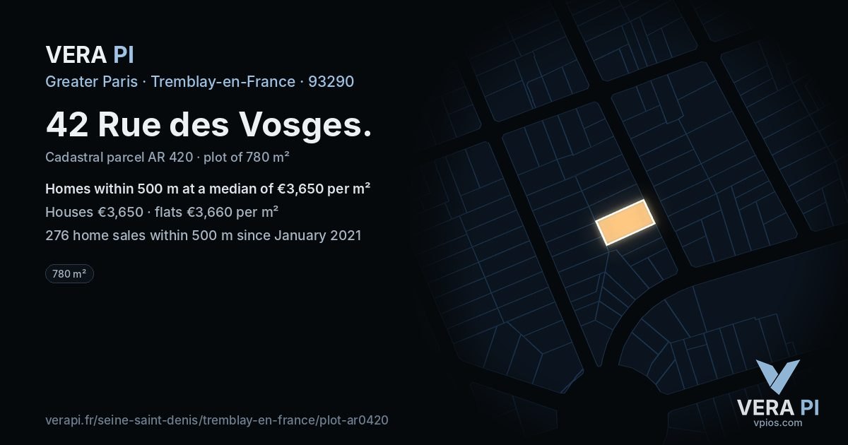 42 Rue des Vosges, Tremblay-en-France at night – the plot lit, the parcels around coloured by the prices near them