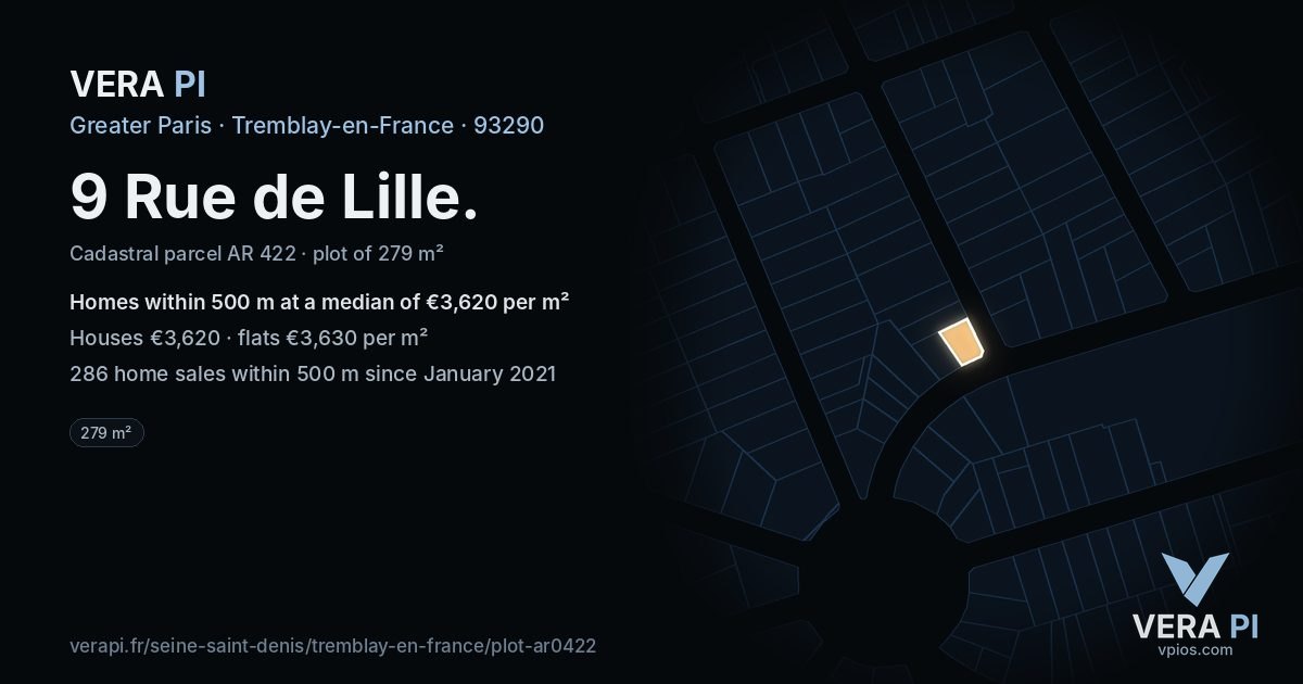 9 Rue de Lille, Tremblay-en-France at night – the plot lit, the parcels around coloured by the prices near them