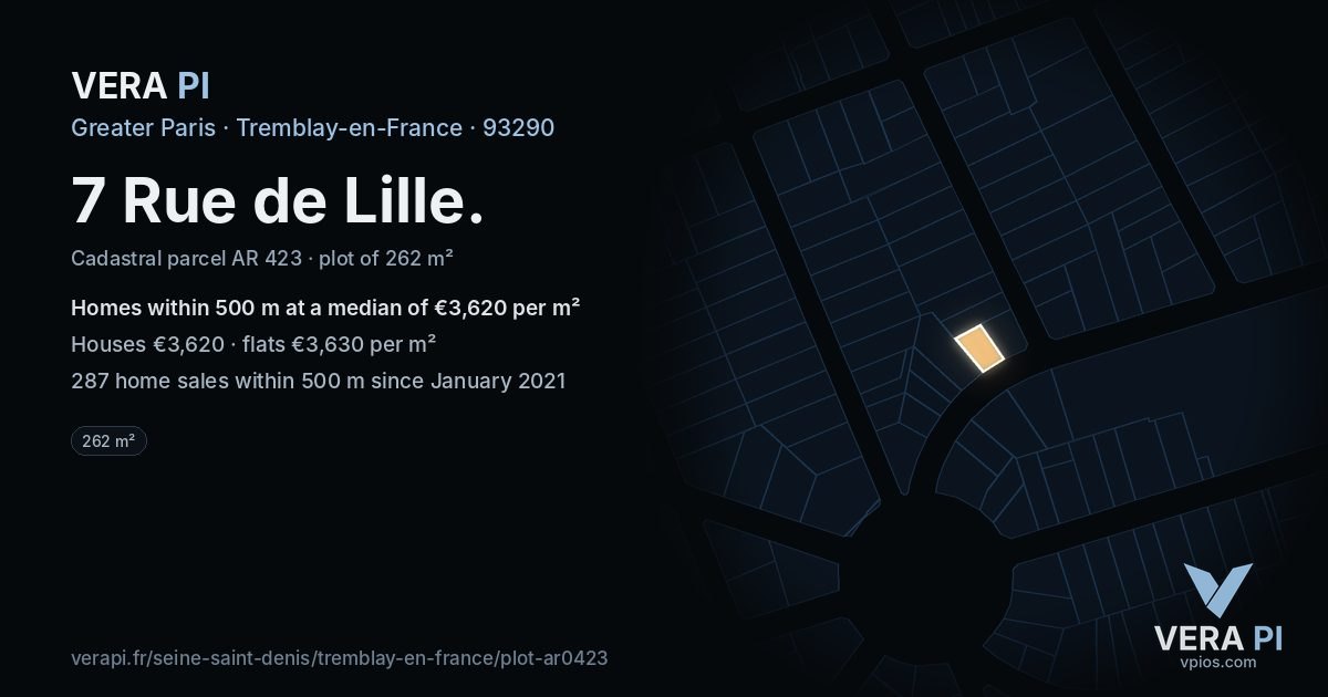 7 Rue de Lille, Tremblay-en-France at night – the plot lit, the parcels around coloured by the prices near them