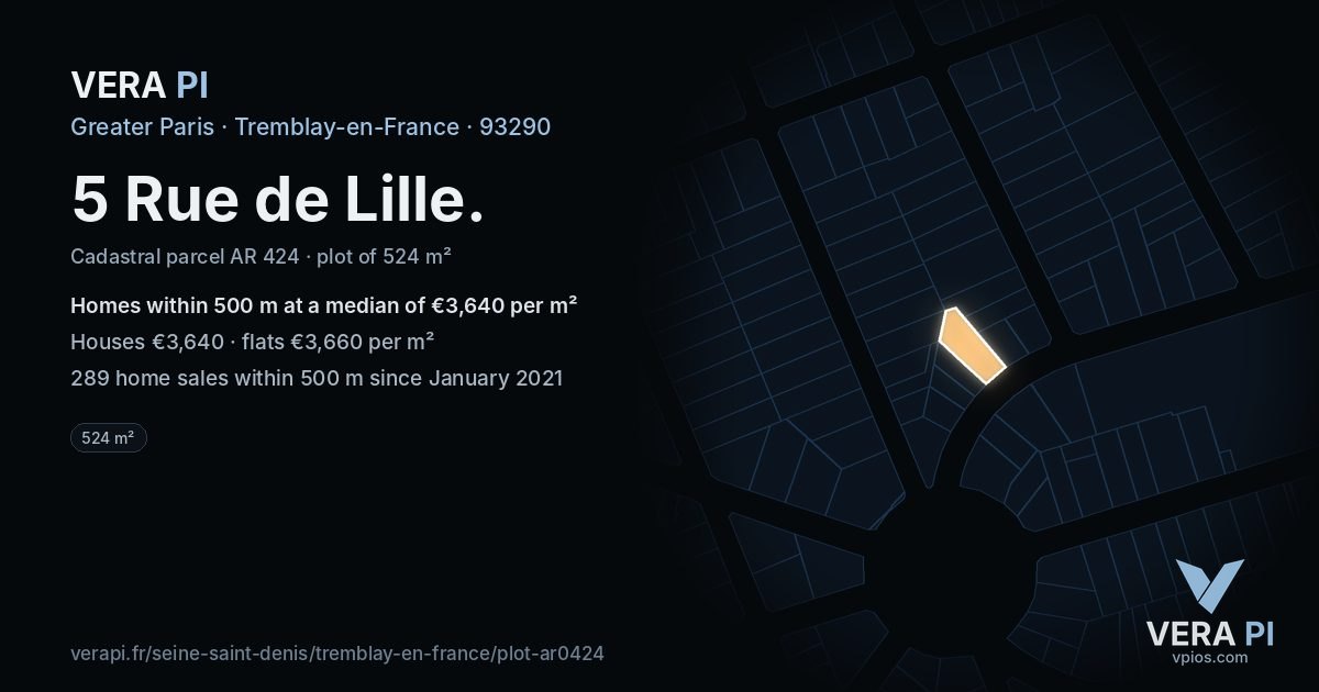 5 Rue de Lille, Tremblay-en-France at night – the plot lit, the parcels around coloured by the prices near them
