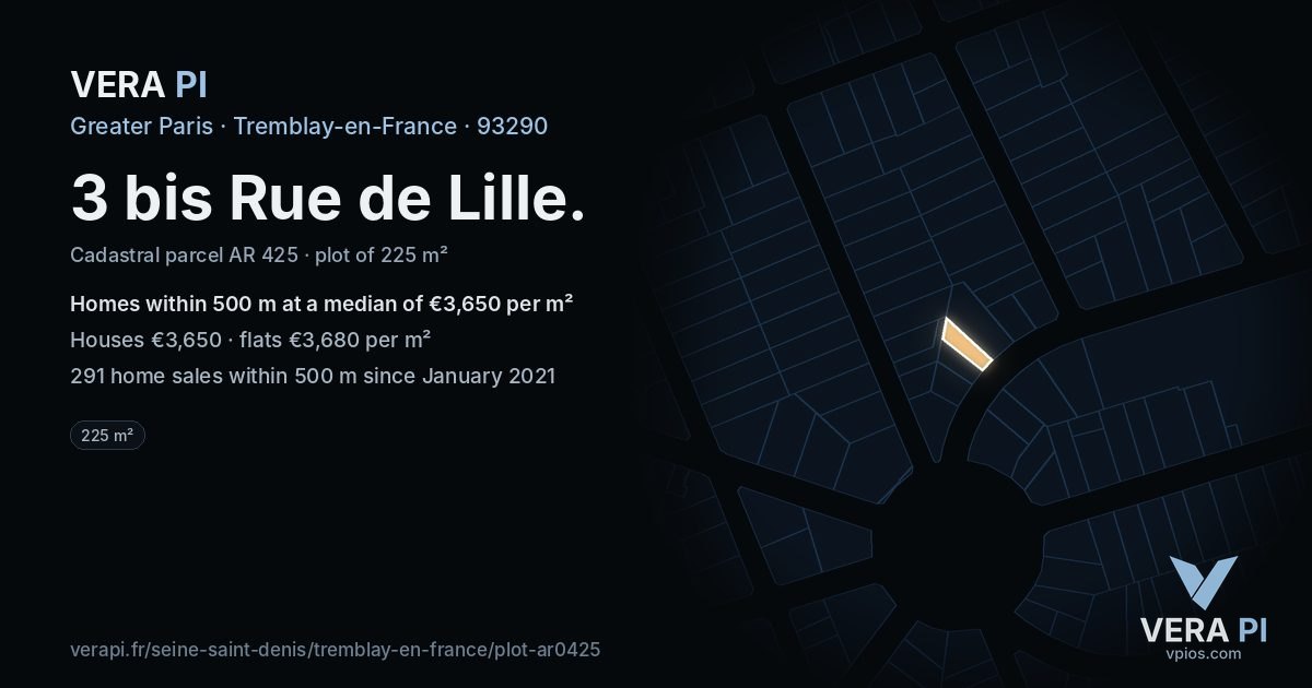 3 bis Rue de Lille, Tremblay-en-France at night – the plot lit, the parcels around coloured by the prices near them