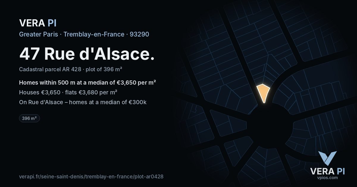 47 Rue d'Alsace, Tremblay-en-France at night – the plot lit, the parcels around coloured by the prices near them