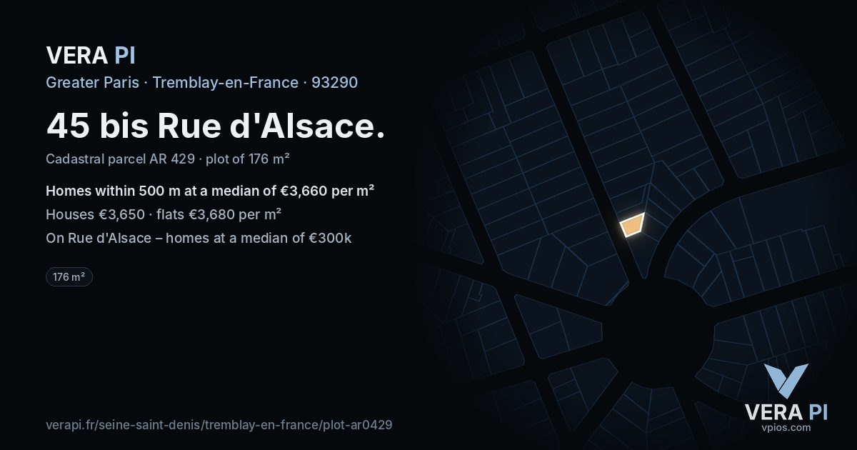 45 bis Rue d'Alsace, Tremblay-en-France at night – the plot lit, the parcels around coloured by the prices near them