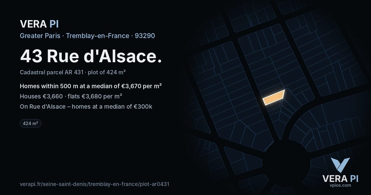43 Rue d'Alsace, Tremblay-en-France at night – the plot lit, the parcels around coloured by the prices near them