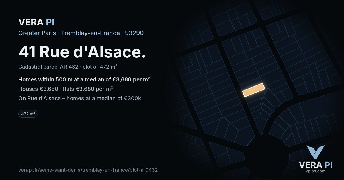 41 Rue d'Alsace, Tremblay-en-France at night – the plot lit, the parcels around coloured by the prices near them