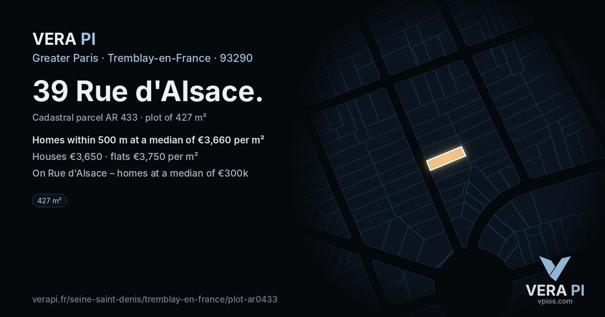 39 Rue d'Alsace, Tremblay-en-France at night – the plot lit, the parcels around coloured by the prices near them