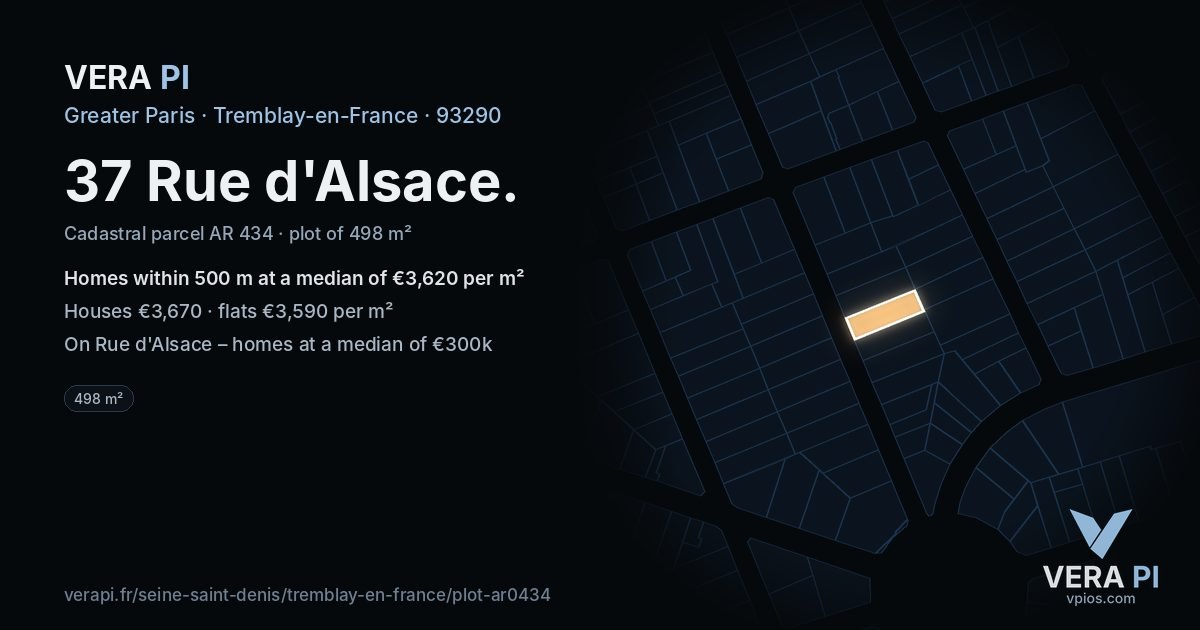 37 Rue d'Alsace, Tremblay-en-France at night – the plot lit, the parcels around coloured by the prices near them