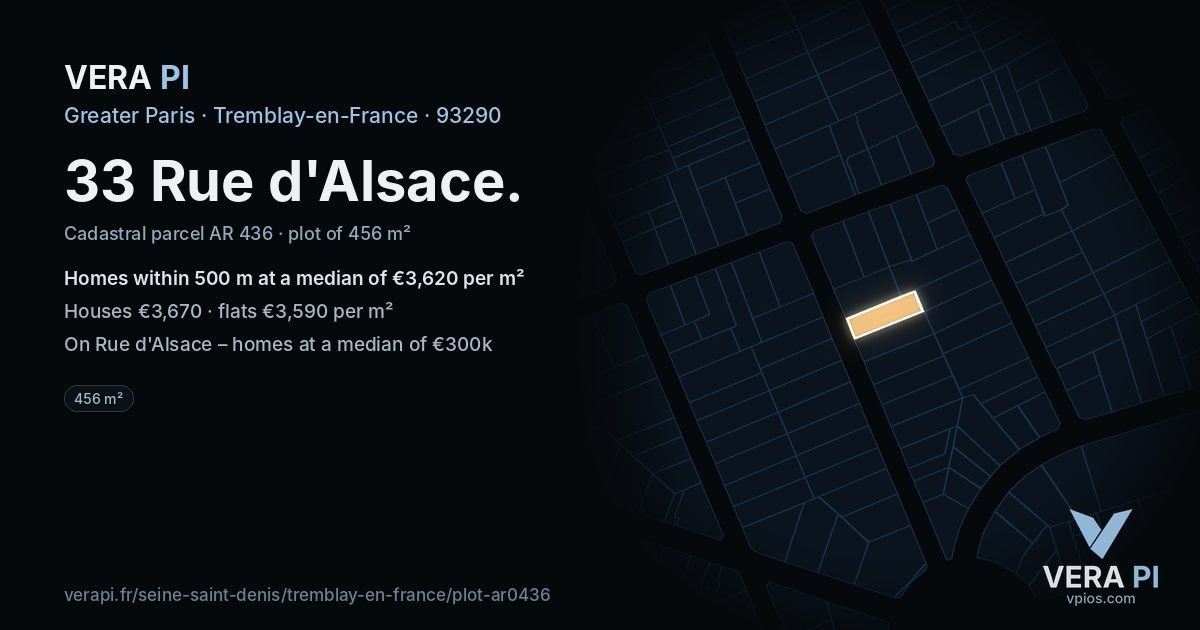 33 Rue d'Alsace, Tremblay-en-France at night – the plot lit, the parcels around coloured by the prices near them