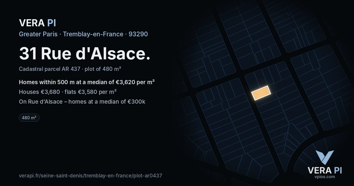31 Rue d'Alsace, Tremblay-en-France at night – the plot lit, the parcels around coloured by the prices near them