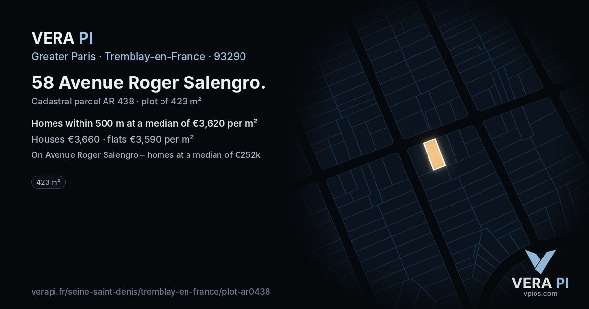 58 Avenue Roger Salengro, Tremblay-en-France at night – the plot lit, the parcels around coloured by the prices near them