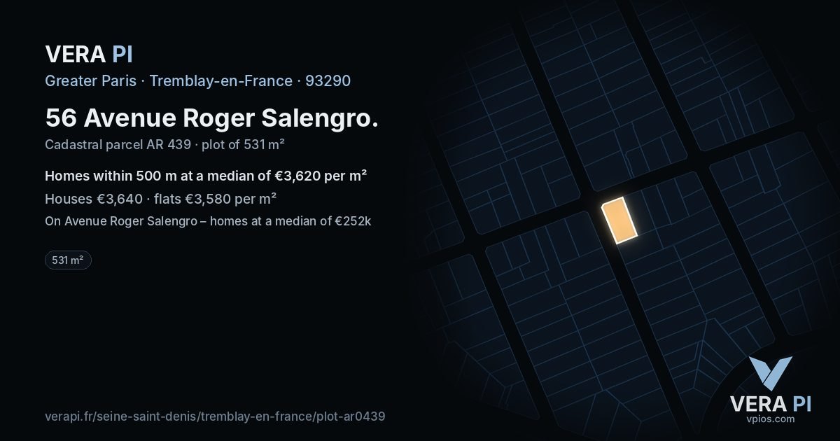 56 Avenue Roger Salengro, Tremblay-en-France at night – the plot lit, the parcels around coloured by the prices near them