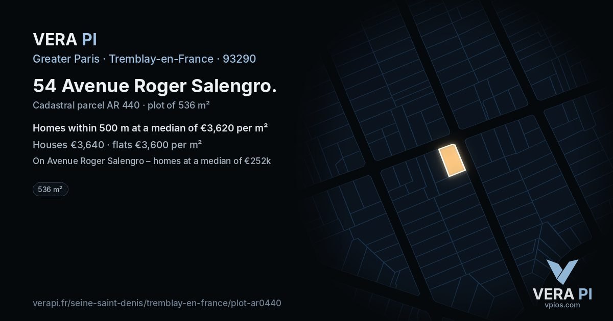 54 Avenue Roger Salengro, Tremblay-en-France at night – the plot lit, the parcels around coloured by the prices near them