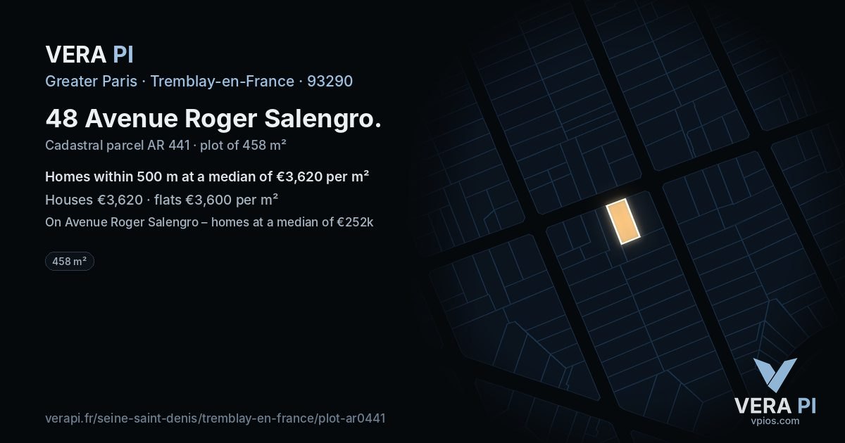 48 Avenue Roger Salengro, Tremblay-en-France at night – the plot lit, the parcels around coloured by the prices near them