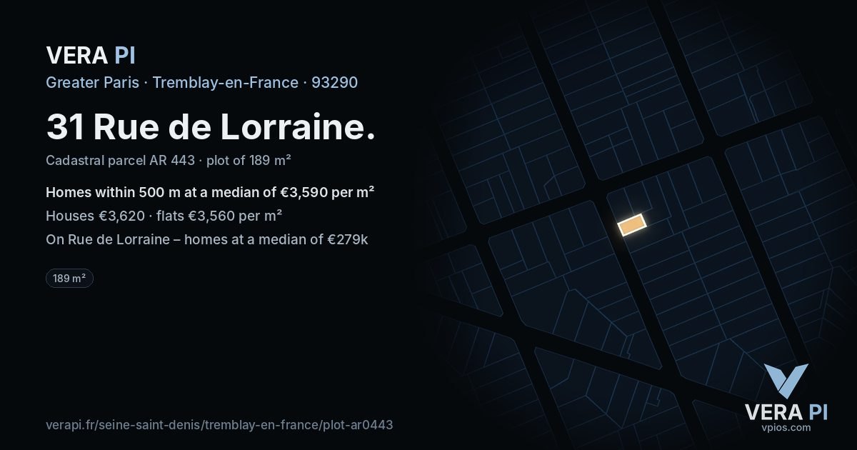 31 Rue de Lorraine, Tremblay-en-France at night – the plot lit, the parcels around coloured by the prices near them
