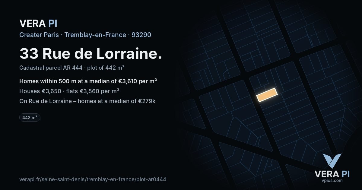 33 Rue de Lorraine, Tremblay-en-France at night – the plot lit, the parcels around coloured by the prices near them