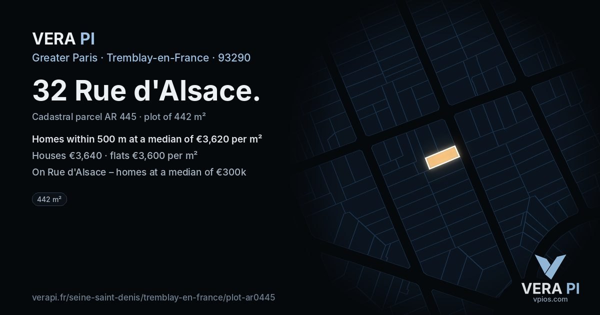 32 Rue d'Alsace, Tremblay-en-France at night – the plot lit, the parcels around coloured by the prices near them