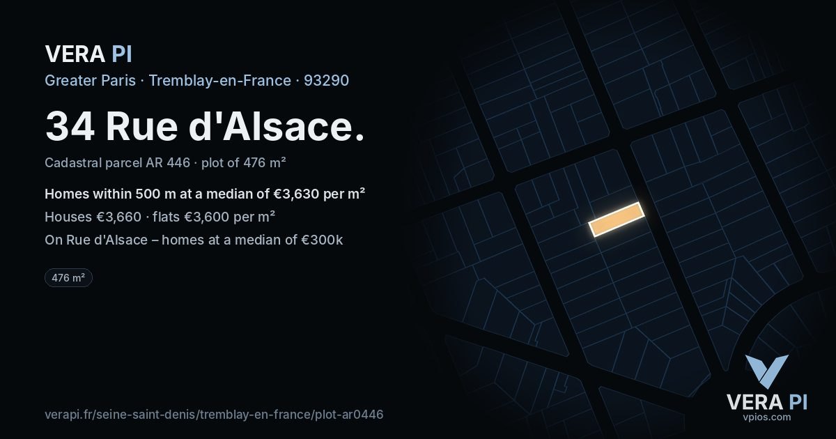 34 Rue d'Alsace, Tremblay-en-France at night – the plot lit, the parcels around coloured by the prices near them