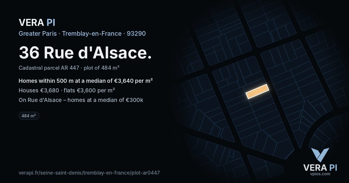 36 Rue d'Alsace, Tremblay-en-France at night – the plot lit, the parcels around coloured by the prices near them