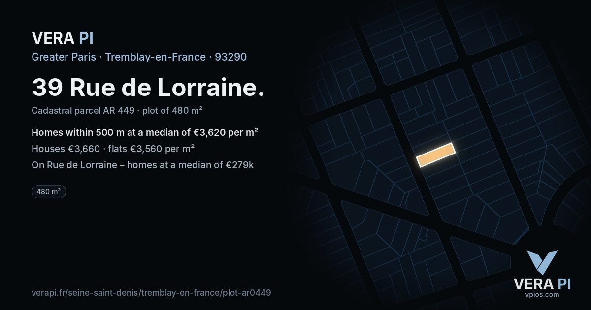 39 Rue de Lorraine, Tremblay-en-France at night – the plot lit, the parcels around coloured by the prices near them