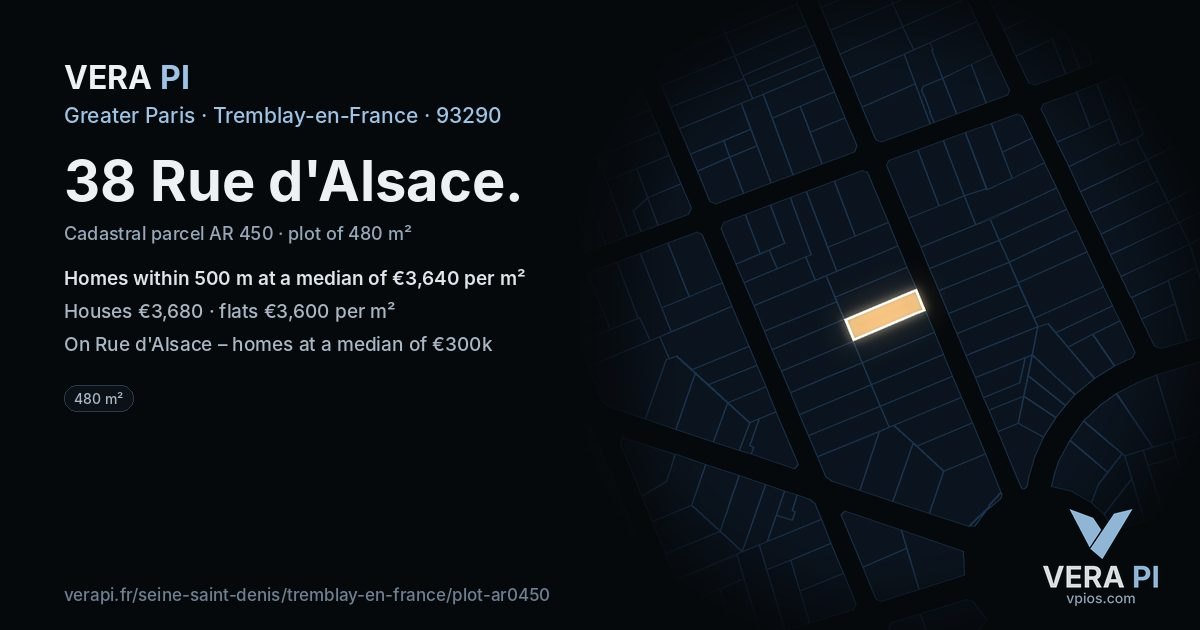 38 Rue d'Alsace, Tremblay-en-France at night – the plot lit, the parcels around coloured by the prices near them