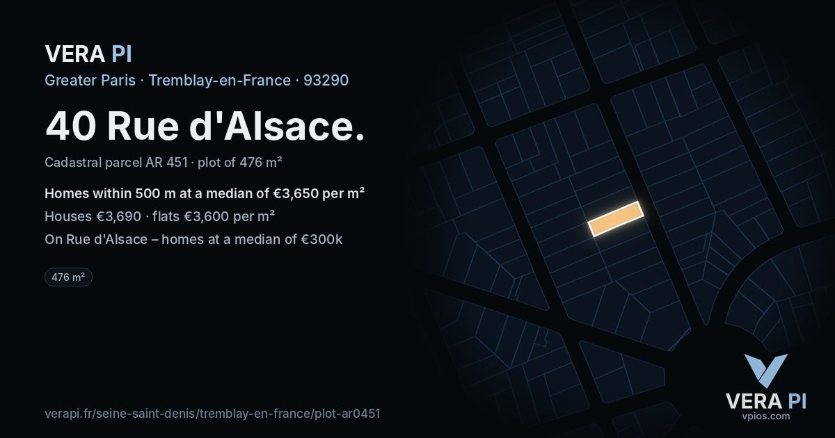 40 Rue d'Alsace, Tremblay-en-France at night – the plot lit, the parcels around coloured by the prices near them
