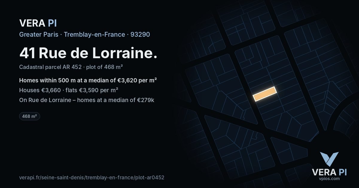 41 Rue de Lorraine, Tremblay-en-France at night – the plot lit, the parcels around coloured by the prices near them