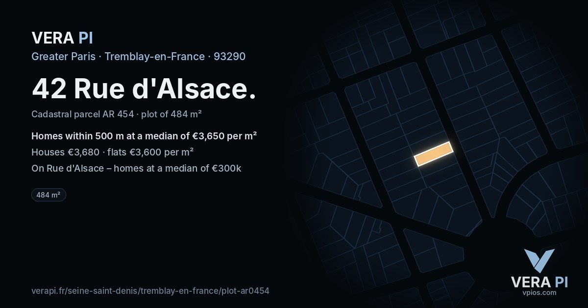 42 Rue d'Alsace, Tremblay-en-France at night – the plot lit, the parcels around coloured by the prices near them