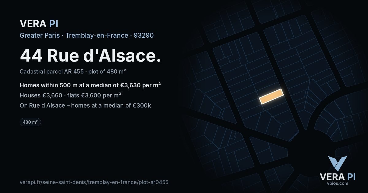 44 Rue d'Alsace, Tremblay-en-France at night – the plot lit, the parcels around coloured by the prices near them