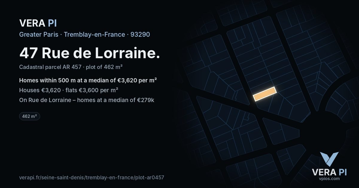 47 Rue de Lorraine, Tremblay-en-France at night – the plot lit, the parcels around coloured by the prices near them