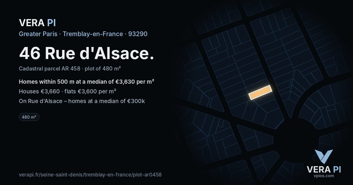 46 Rue d'Alsace, Tremblay-en-France at night – the plot lit, the parcels around coloured by the prices near them