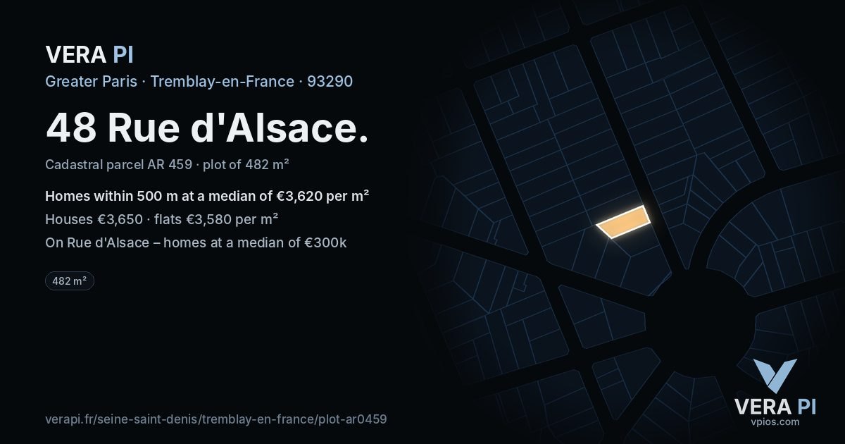 48 Rue d'Alsace, Tremblay-en-France at night – the plot lit, the parcels around coloured by the prices near them