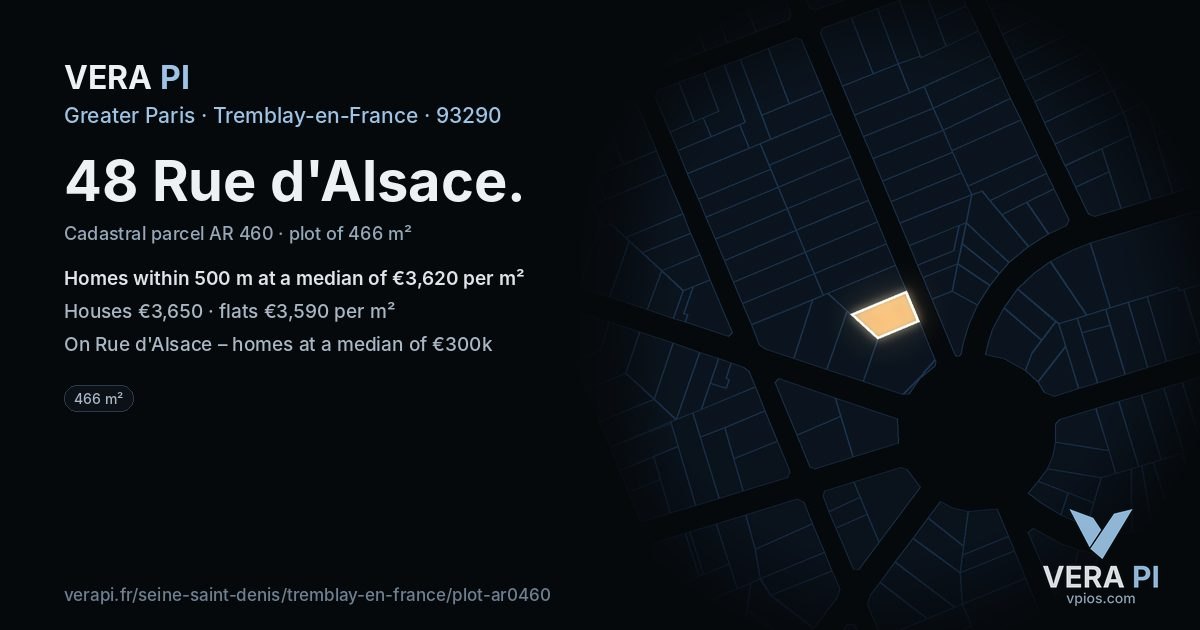 48 Rue d'Alsace, Tremblay-en-France at night – the plot lit, the parcels around coloured by the prices near them