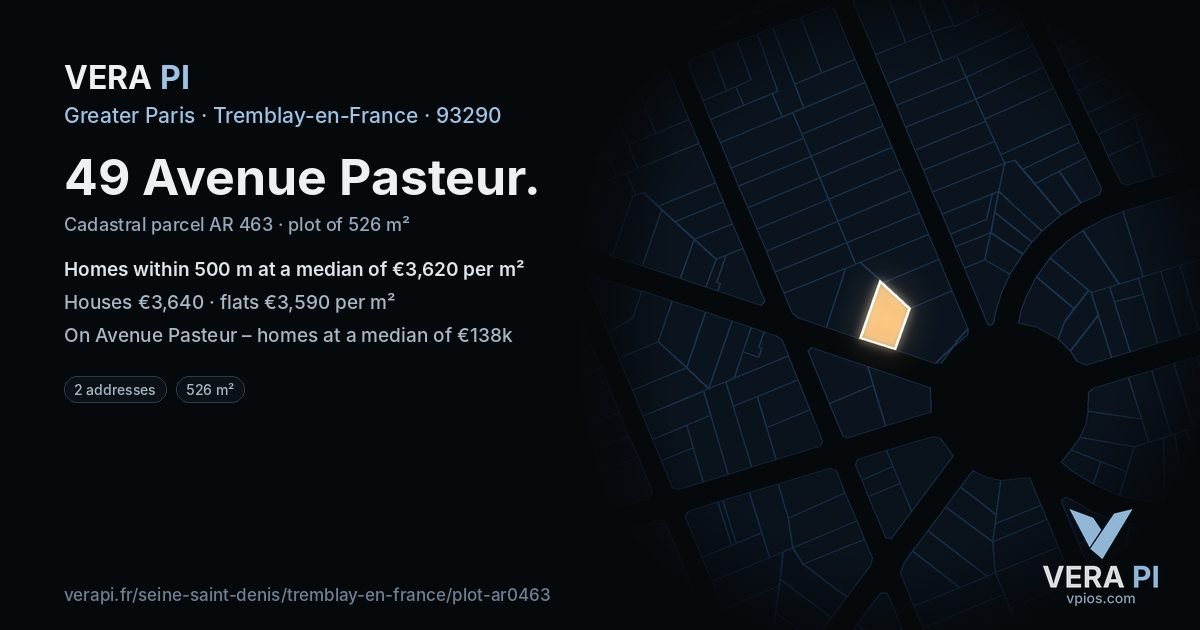 49 Avenue Pasteur, Tremblay-en-France at night – the plot lit, the parcels around coloured by the prices near them