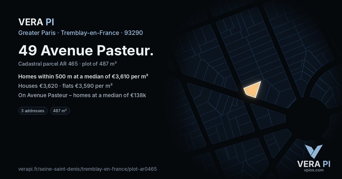 49 Avenue Pasteur, Tremblay-en-France at night – the plot lit, the parcels around coloured by the prices near them