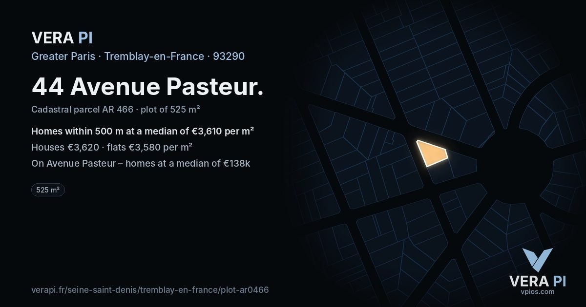44 Avenue Pasteur, Tremblay-en-France at night – the plot lit, the parcels around coloured by the prices near them