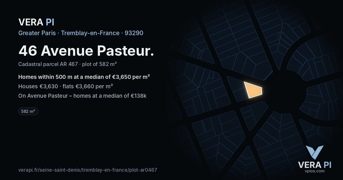 46 Avenue Pasteur, Tremblay-en-France at night – the plot lit, the parcels around coloured by the prices near them