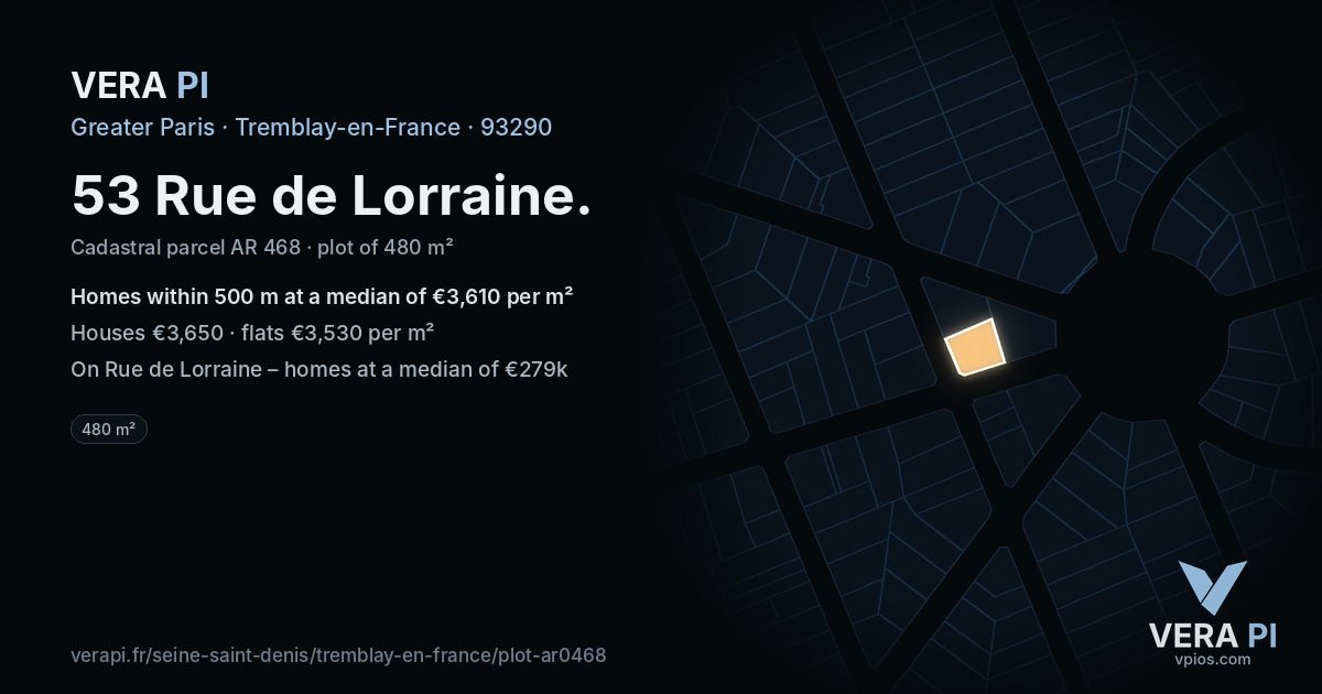 53 Rue de Lorraine, Tremblay-en-France at night – the plot lit, the parcels around coloured by the prices near them