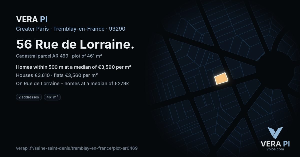 56 Rue de Lorraine, Tremblay-en-France at night – the plot lit, the parcels around coloured by the prices near them