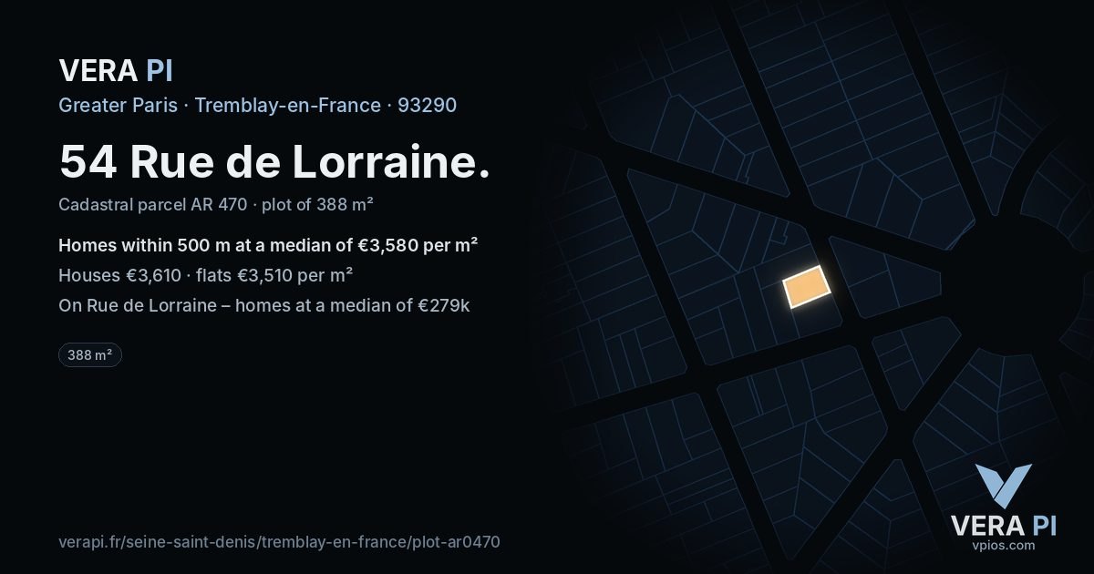 54 Rue de Lorraine, Tremblay-en-France at night – the plot lit, the parcels around coloured by the prices near them
