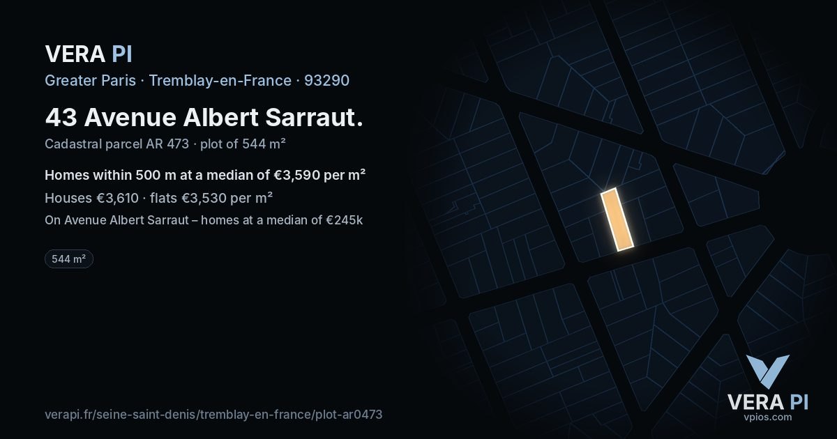 43 Avenue Albert Sarraut, Tremblay-en-France at night – the plot lit, the parcels around coloured by the prices near them