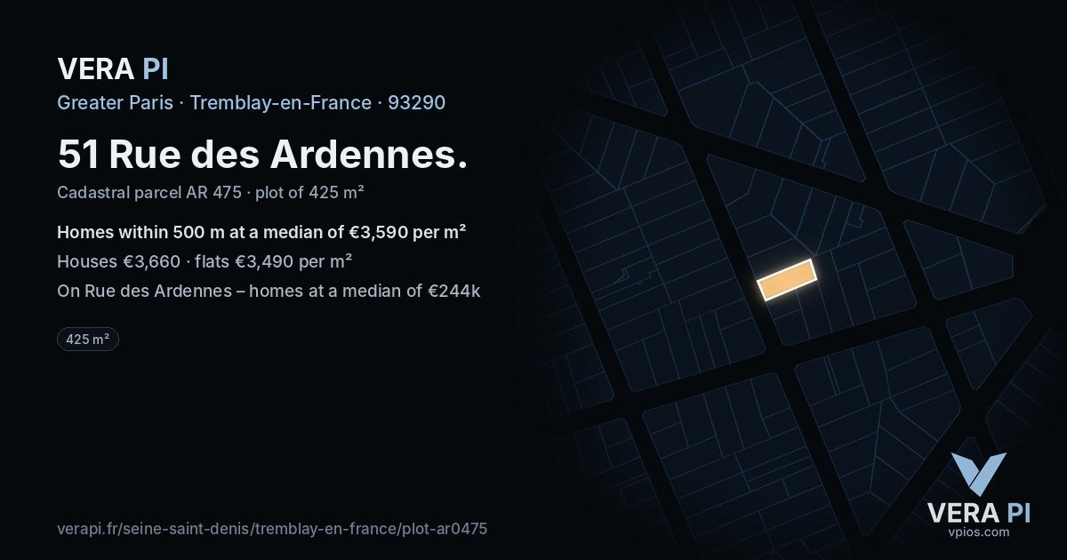 51 Rue des Ardennes, Tremblay-en-France at night – the plot lit, the parcels around coloured by the prices near them