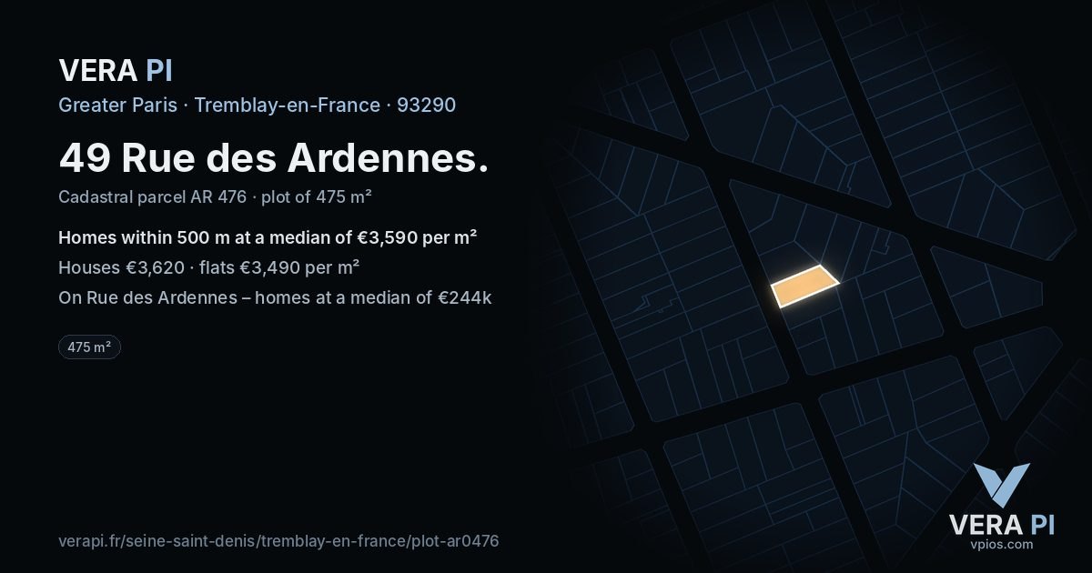 49 Rue des Ardennes, Tremblay-en-France at night – the plot lit, the parcels around coloured by the prices near them