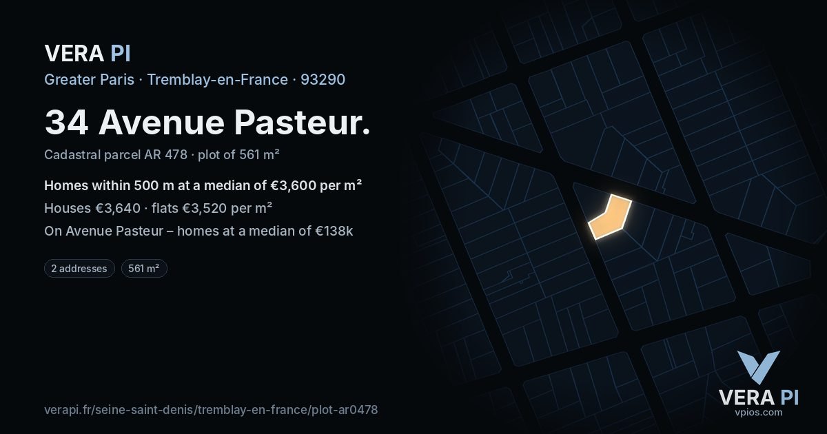 34 Avenue Pasteur, Tremblay-en-France at night – the plot lit, the parcels around coloured by the prices near them