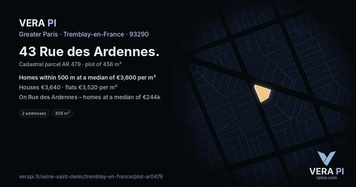 43 Rue des Ardennes, Tremblay-en-France at night – the plot lit, the parcels around coloured by the prices near them