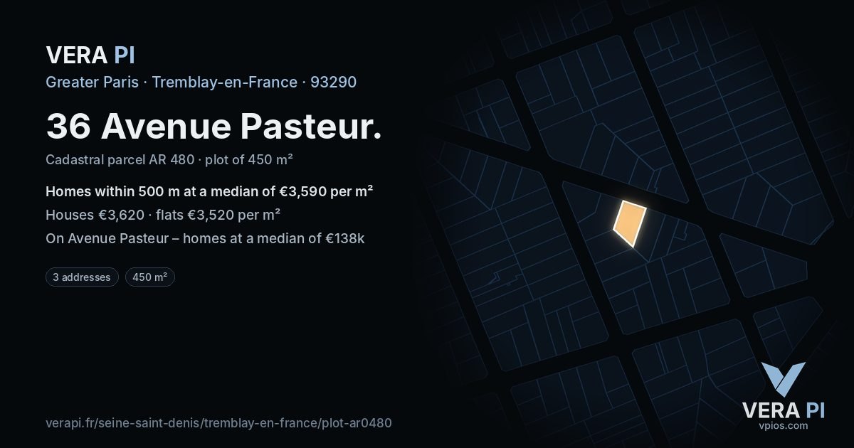 36 Avenue Pasteur, Tremblay-en-France at night – the plot lit, the parcels around coloured by the prices near them