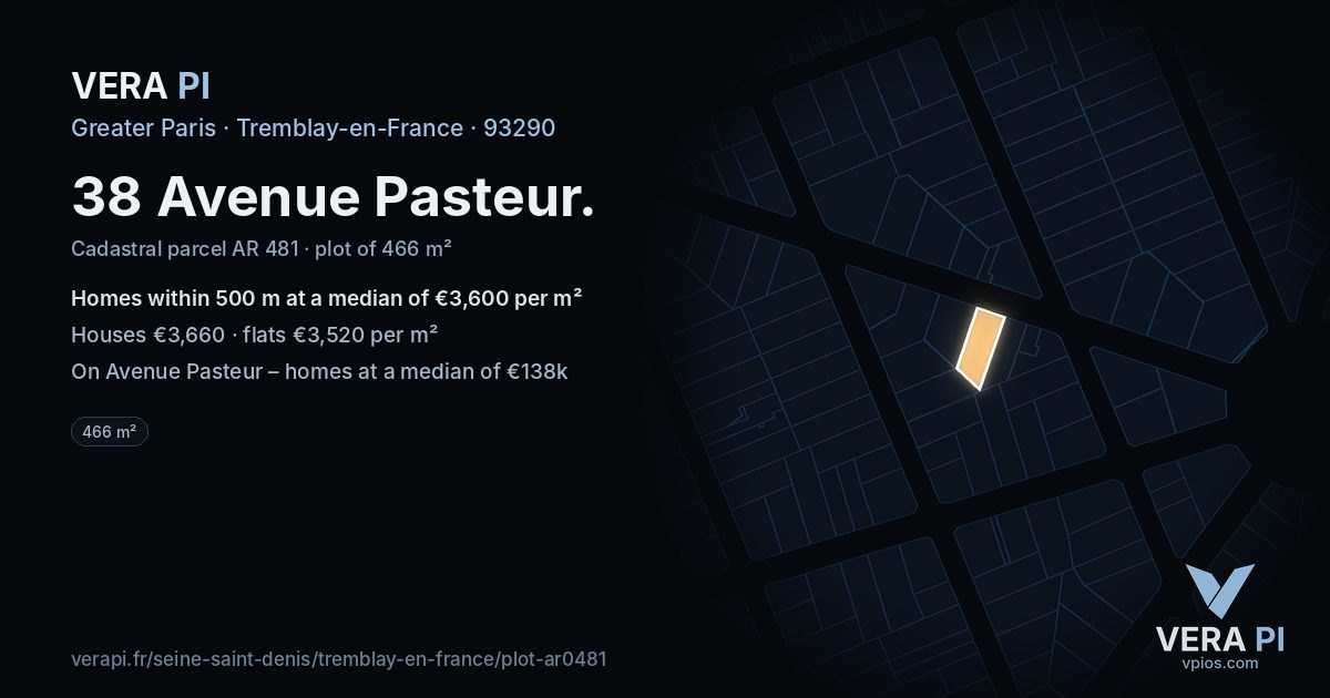 38 Avenue Pasteur, Tremblay-en-France at night – the plot lit, the parcels around coloured by the prices near them