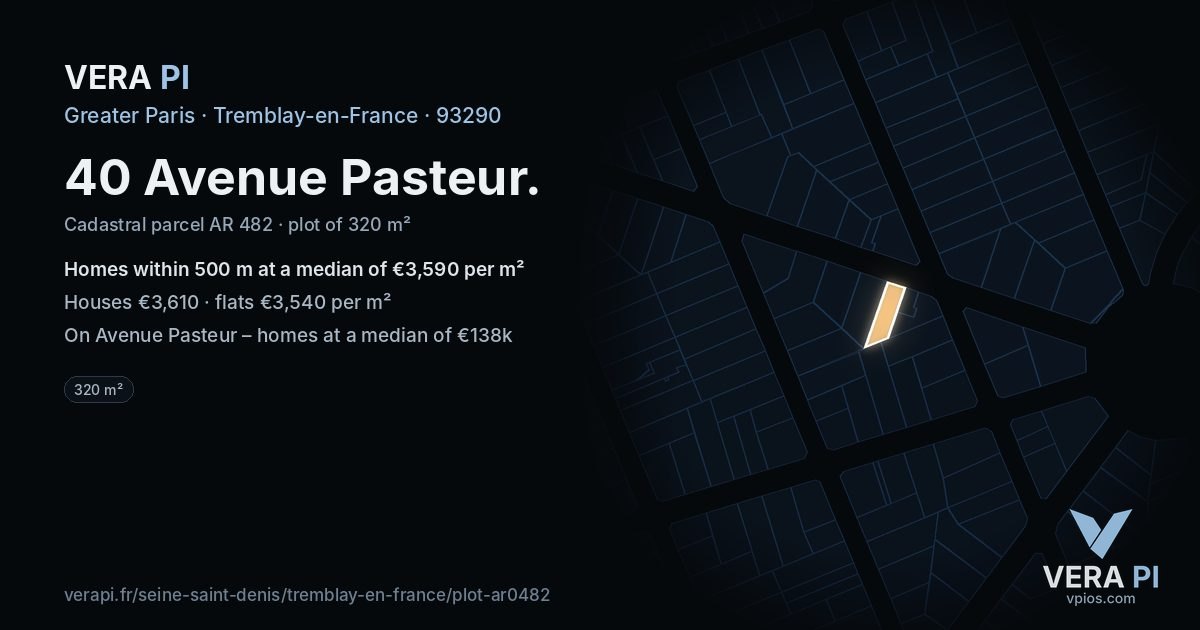 40 Avenue Pasteur, Tremblay-en-France at night – the plot lit, the parcels around coloured by the prices near them