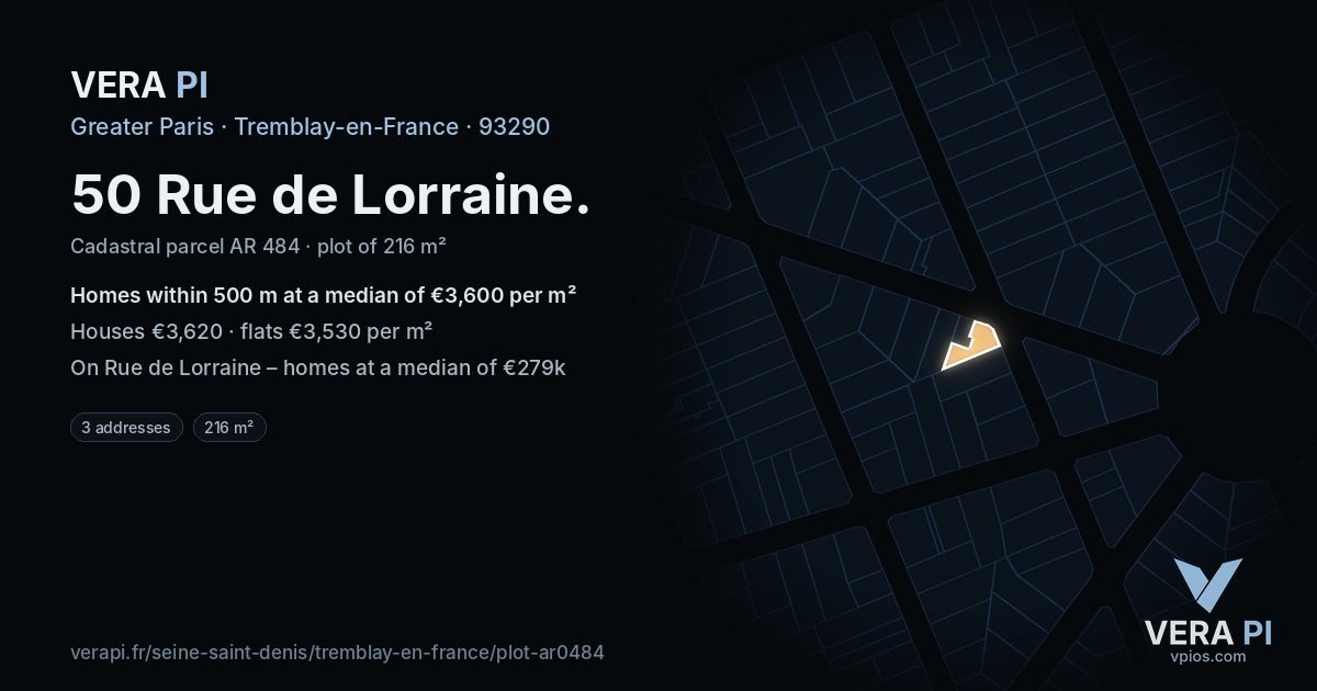 50 Rue de Lorraine, Tremblay-en-France at night – the plot lit, the parcels around coloured by the prices near them