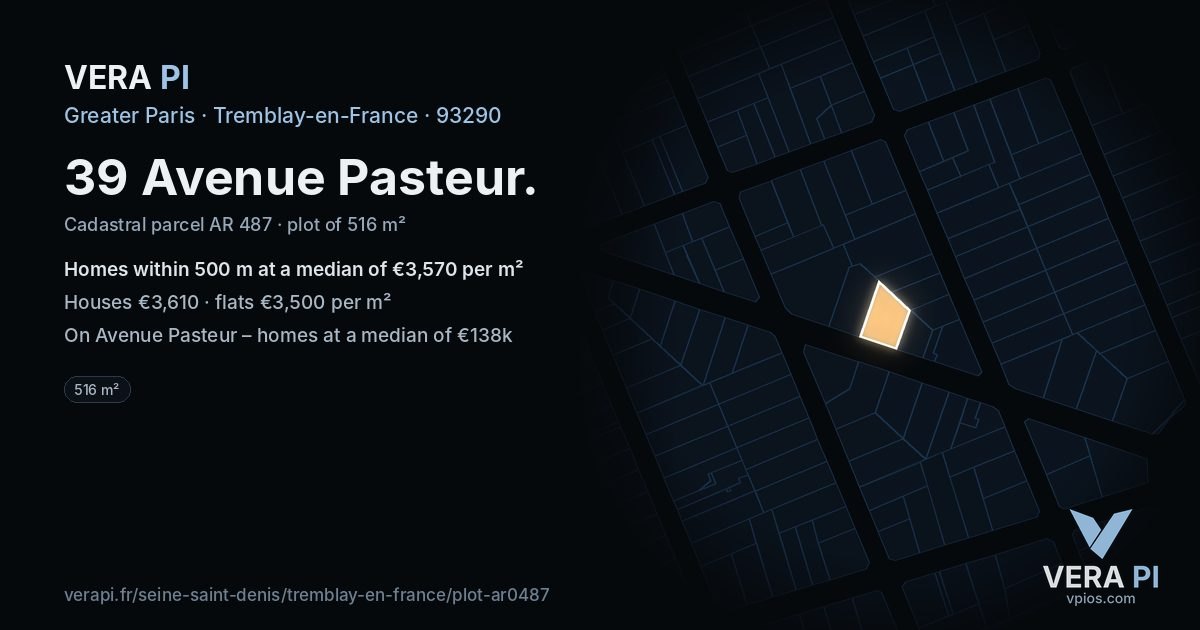 39 Avenue Pasteur, Tremblay-en-France at night – the plot lit, the parcels around coloured by the prices near them