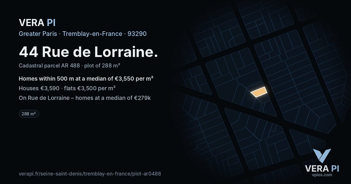 44 Rue de Lorraine, Tremblay-en-France at night – the plot lit, the parcels around coloured by the prices near them